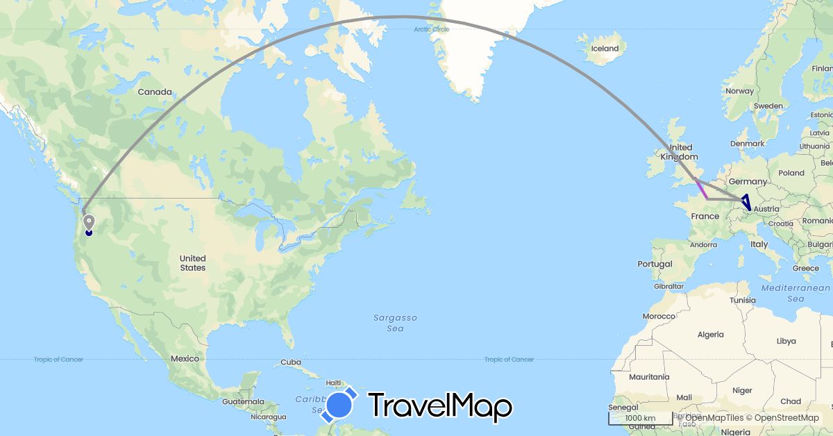TravelMap itinerary: driving, plane, train in Austria, Germany, France, United Kingdom, United States (Europe, North America)